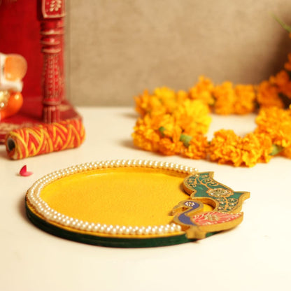 2 Liner Pearl Studded Peacock Yellow Pooja Thaali