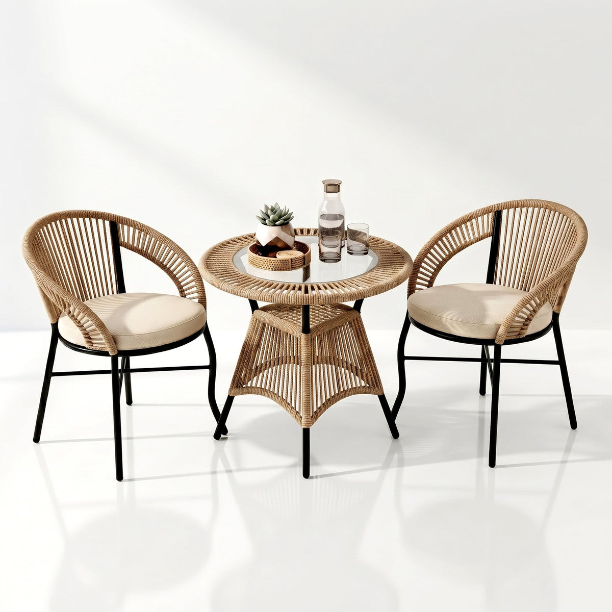 3-Piece Outdoor Wicker Bistro Set with 2 Armchairs & Round Table