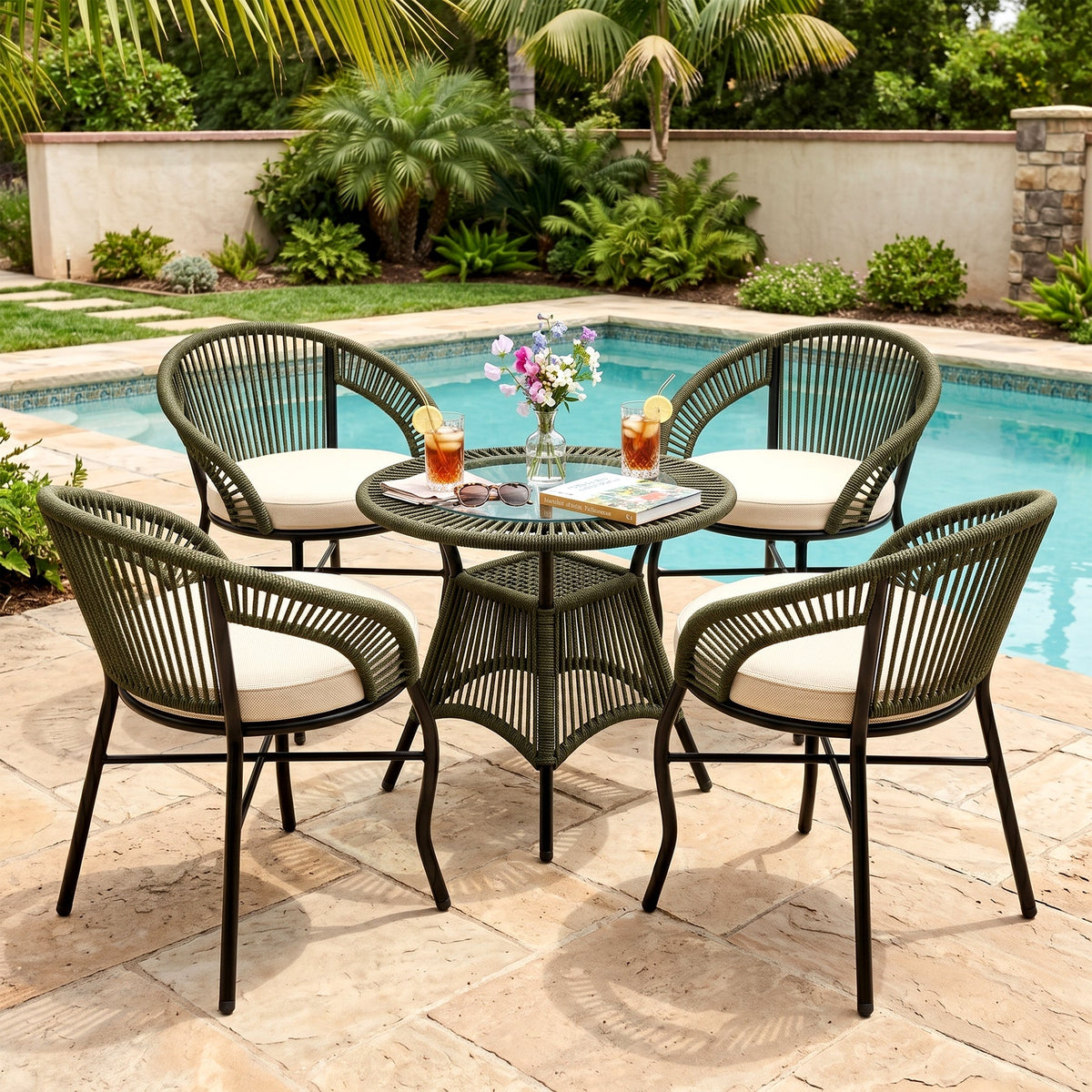 5-Piece Outdoor Wicker Patio Dining Set with 4 Chairs & Round Table