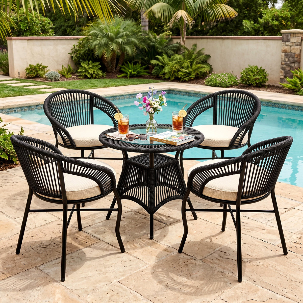5-Piece Outdoor Wicker Patio Dining Set with 4 Chairs & Round Table