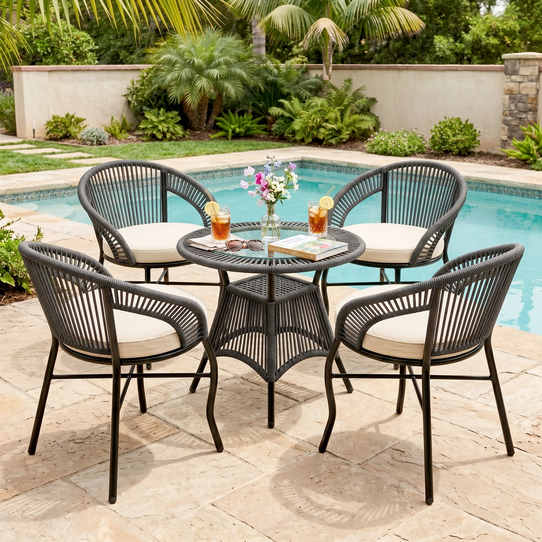 5-Piece Outdoor Wicker Patio Dining Set with 4 Chairs & Round Table