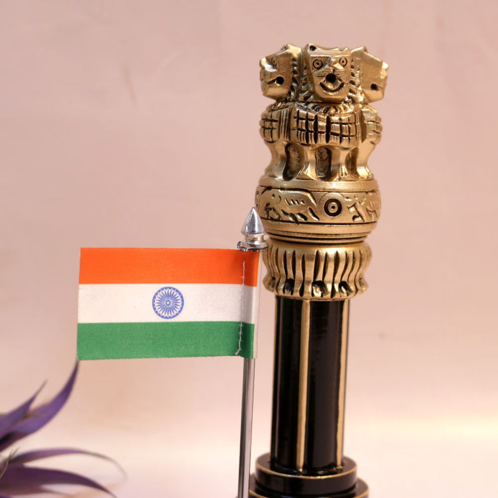 Wooden Ashok Pillar with Brass & Flag | 4 inches | Patriotic Decor & Gift