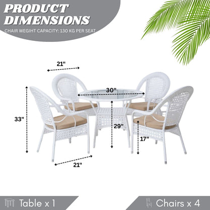 Outdoor Wicker Patio Dining Set with 4 Chairs & Round Glass Table – 5 Piece