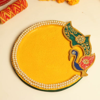 2 Liner Pearl Studded Peacock Yellow Pooja Thaali