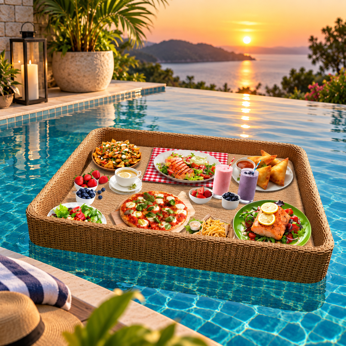 Large Floating Pool Tray | Woven Poolside Food & Drink Serving Tray