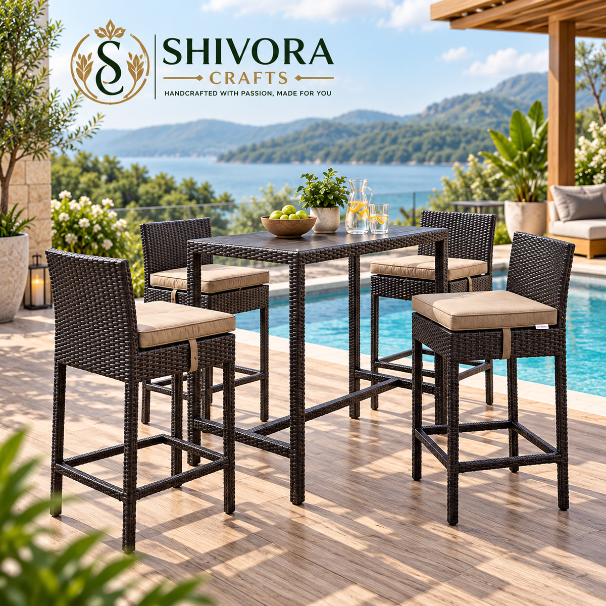 Outdoor Wicker Bar Table Set with 4 Counter Height Chairs