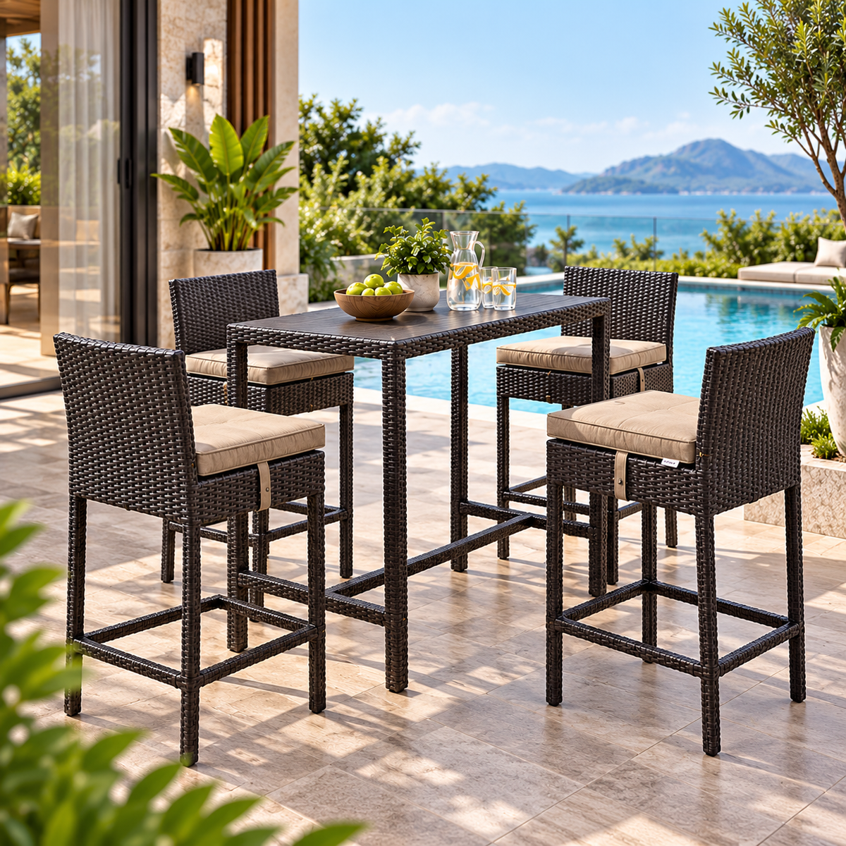 Outdoor Wicker Bar Table Set with 4 Counter Height Chairs