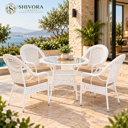 Outdoor Wicker Patio Dining Set with 4 Chairs & Round Glass Table – 5 Piece