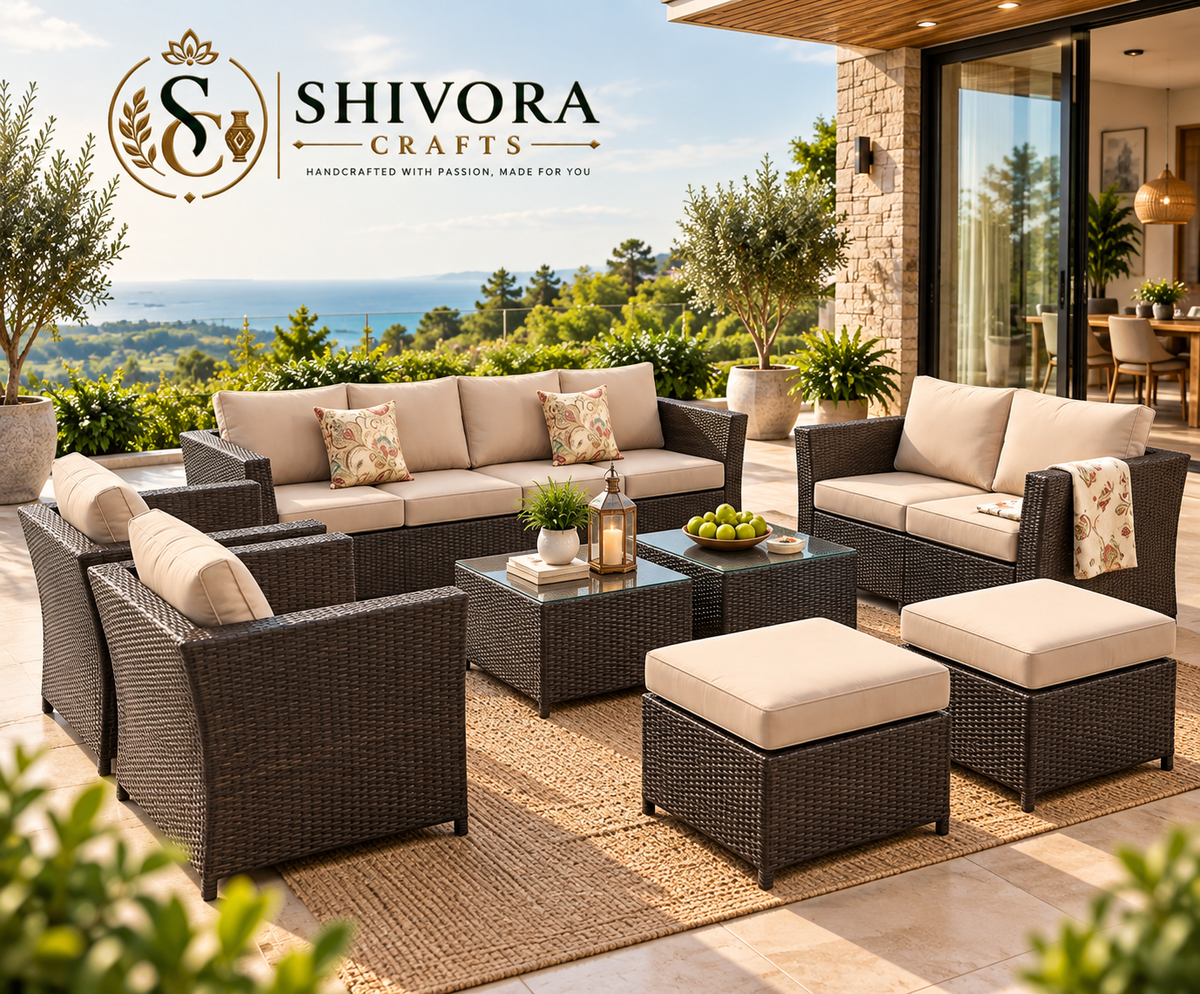 Outdoor Wicker Patio Conversation Set with Sofa, Chairs, Tables & Ottomans – 8 Piece