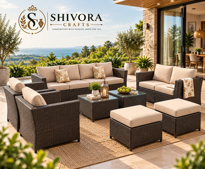 Outdoor Wicker Patio Conversation Set with Sofa, Chairs, Tables & Ottomans – 8 Piece