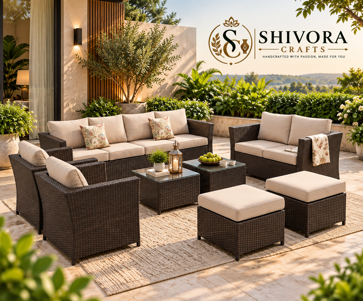 Outdoor Wicker Patio Conversation Set with Sofa, Chairs, Tables & Ottomans – 8 Piece