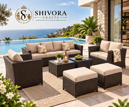 Outdoor Wicker Patio Conversation Set with Sofa, Chairs, Tables & Ottomans – 8 Piece