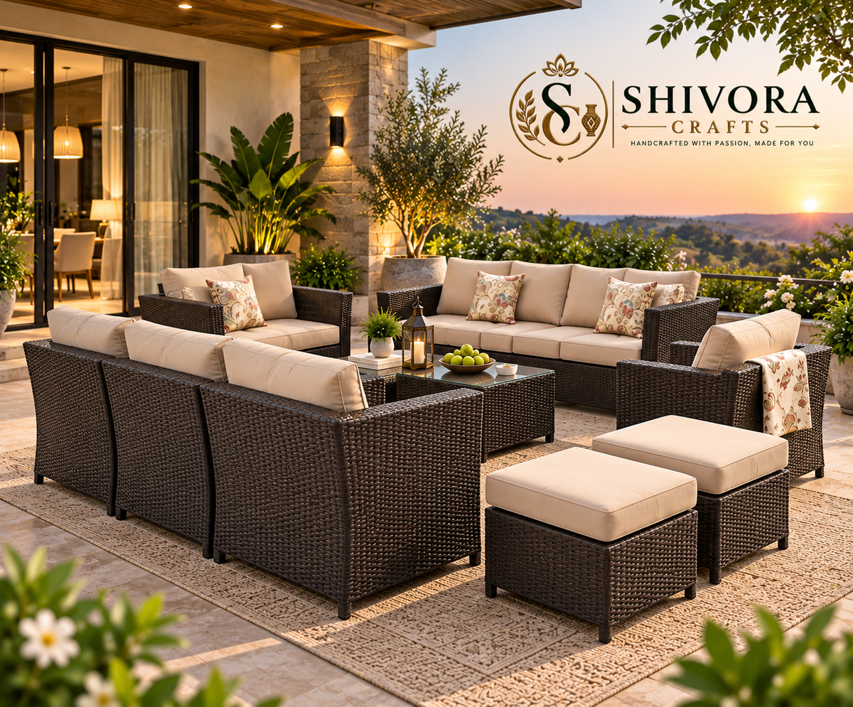 Outdoor Wicker Patio Conversation Set with Sofa, Chairs, Tables & Ottomans – 8 Piece