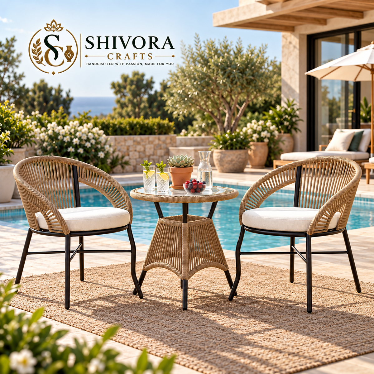 3-Piece Outdoor Wicker Bistro Set with 2 Armchairs & Round Table