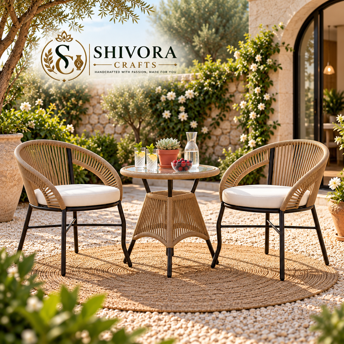 3-Piece Outdoor Wicker Bistro Set with 2 Armchairs & Round Table