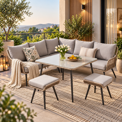 Outdoor Patio Conversation Set | Sectional Sofa, Coffee Table & Ottomans