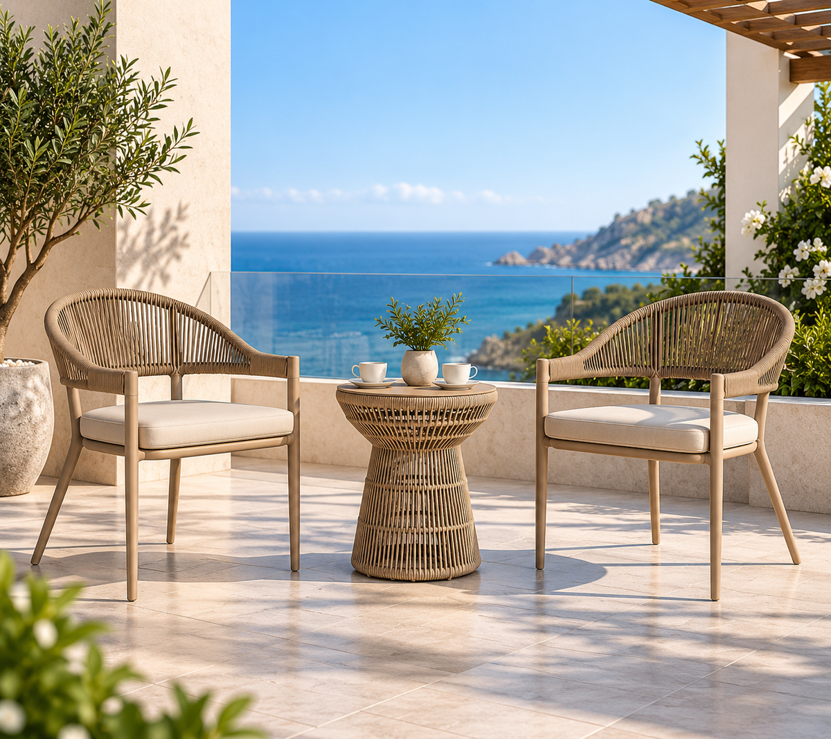 3-Piece Woven Patio Bistro Set with 2 Cushioned Chairs & Side Table