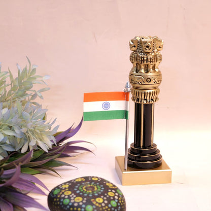 Wooden Ashok Pillar with Brass & Flag | 4 inches | Patriotic Decor & Gift
