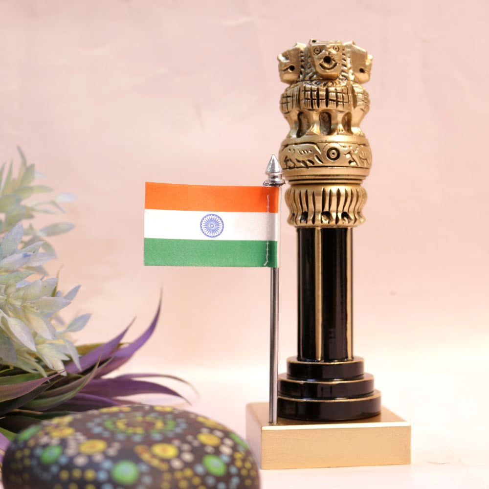 Wooden Ashok Pillar with Brass & Flag | 12 inches | Patriotic Decor & Corporate Gift